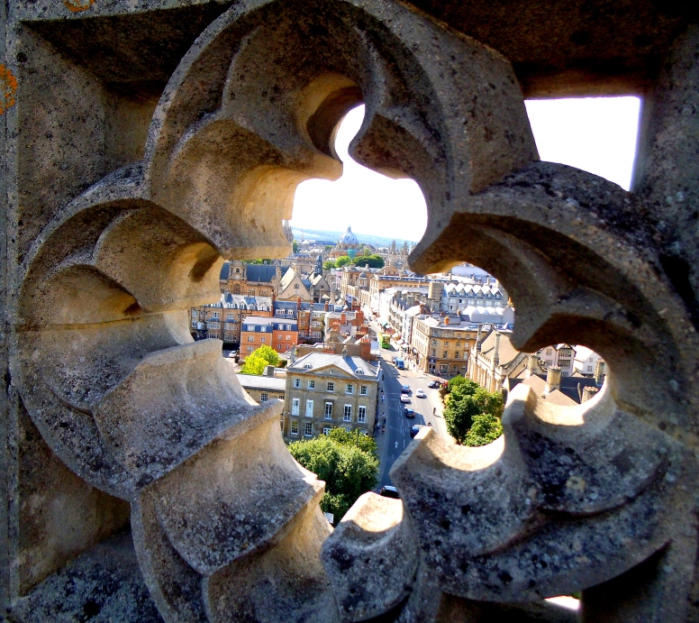 Oxford through one of the apertures at the top of Magdalen Tower Oxford