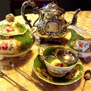 This silver teapot would have graced the table of a fine Victorian lady while the teawares would have been sipped from during the late Regency period.
