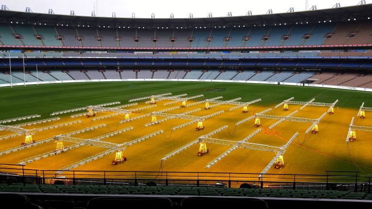 The MCG! Legendary cricket ground where many a Test has been won and lost. Now super-science ensures that all the grass blades receive their own special care.